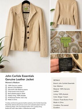 John Carlisle Essentials Women's Beige Genuine Leather Peplum Blazer M
